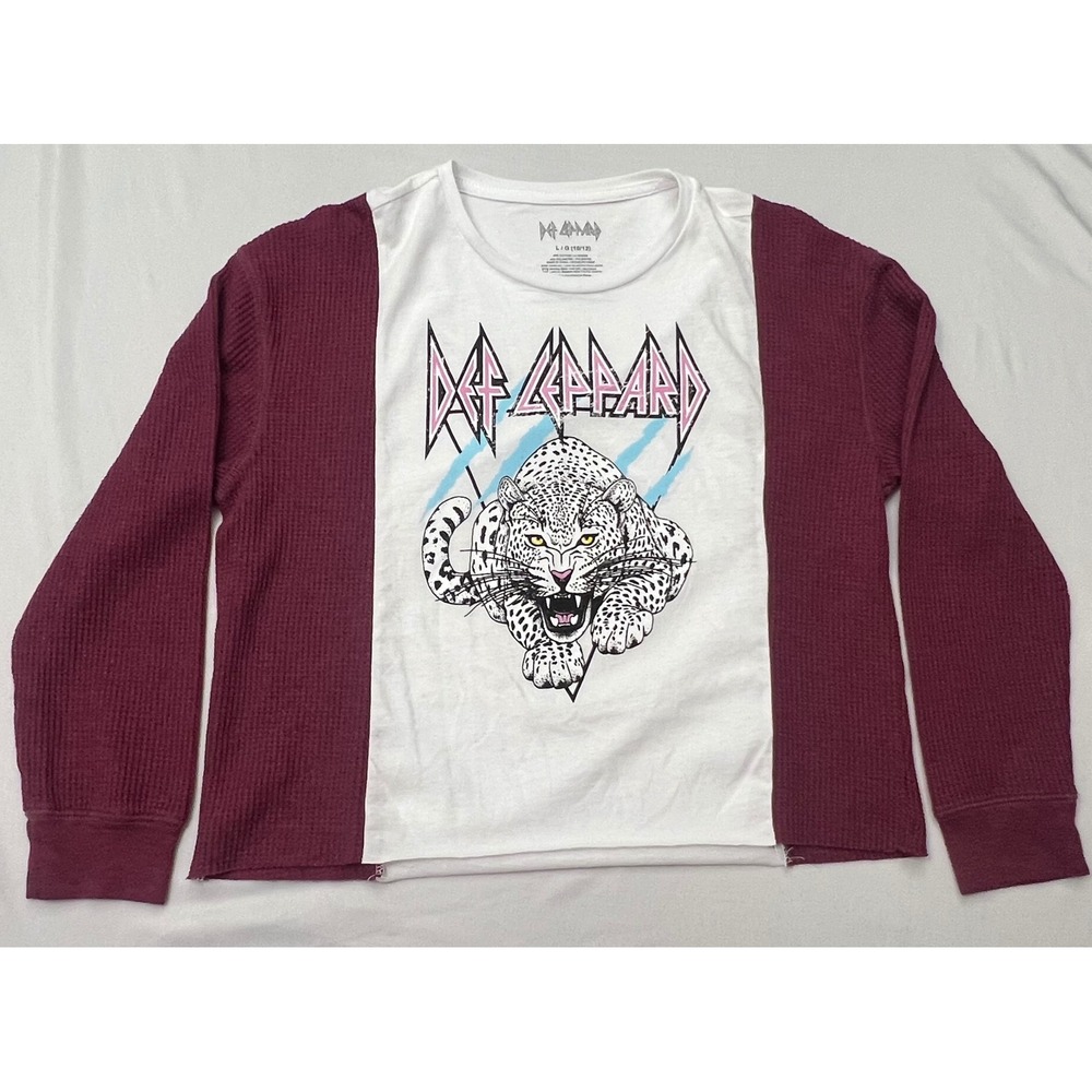 Def Leppard Girls L 10/12 Thermal Graphic Shirt Leopard Raglan Long Sleeve